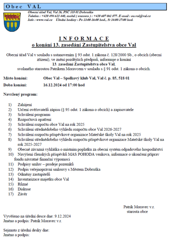 INFORMACE o konání 13. zasedání Zastupitelstva obce Val dne 16.12.2024 od 17:00 hod., Spolkový klub 